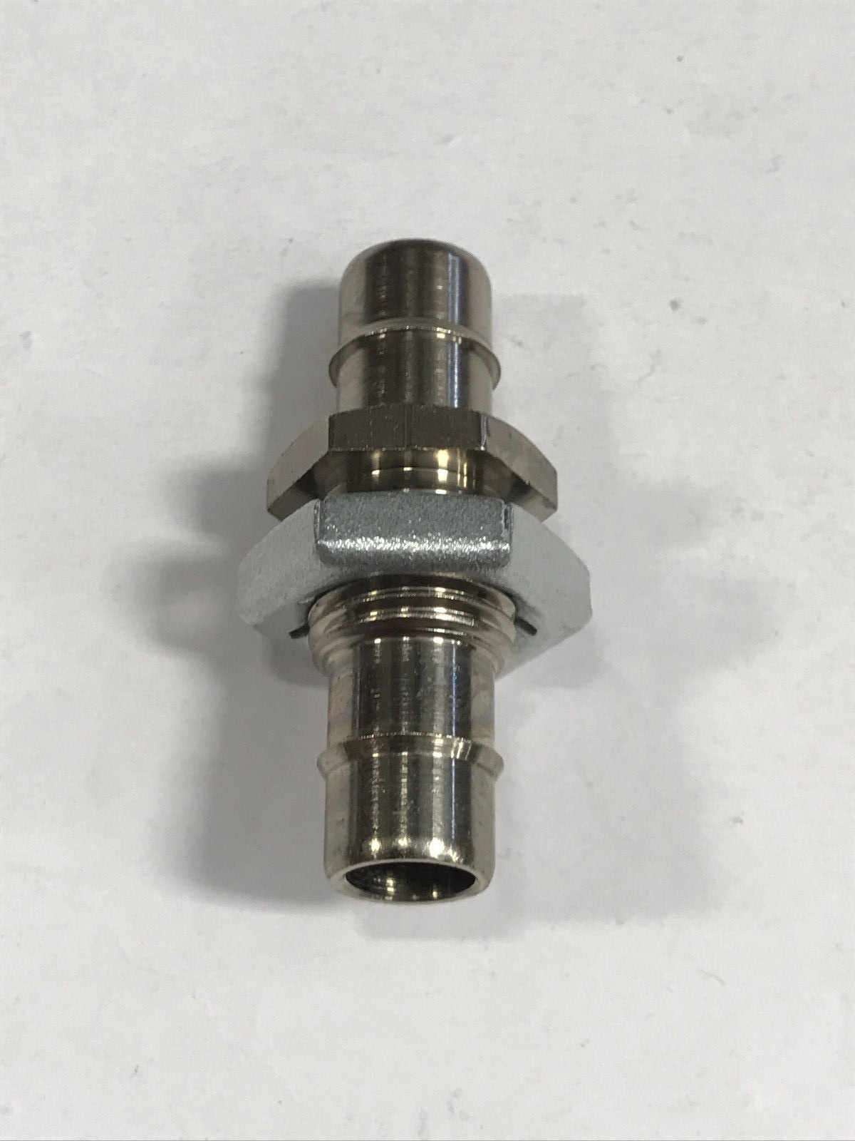 Nickel plated brass bulkhead fitting 1/2-20 thread to 3/8 ID tubing barb