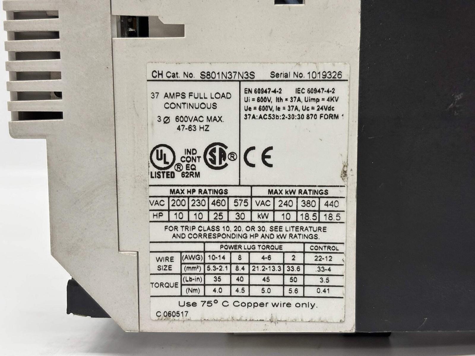 Eaton S801N37N35 Switch-Fuse Motor Controller Safety Switch Assembly