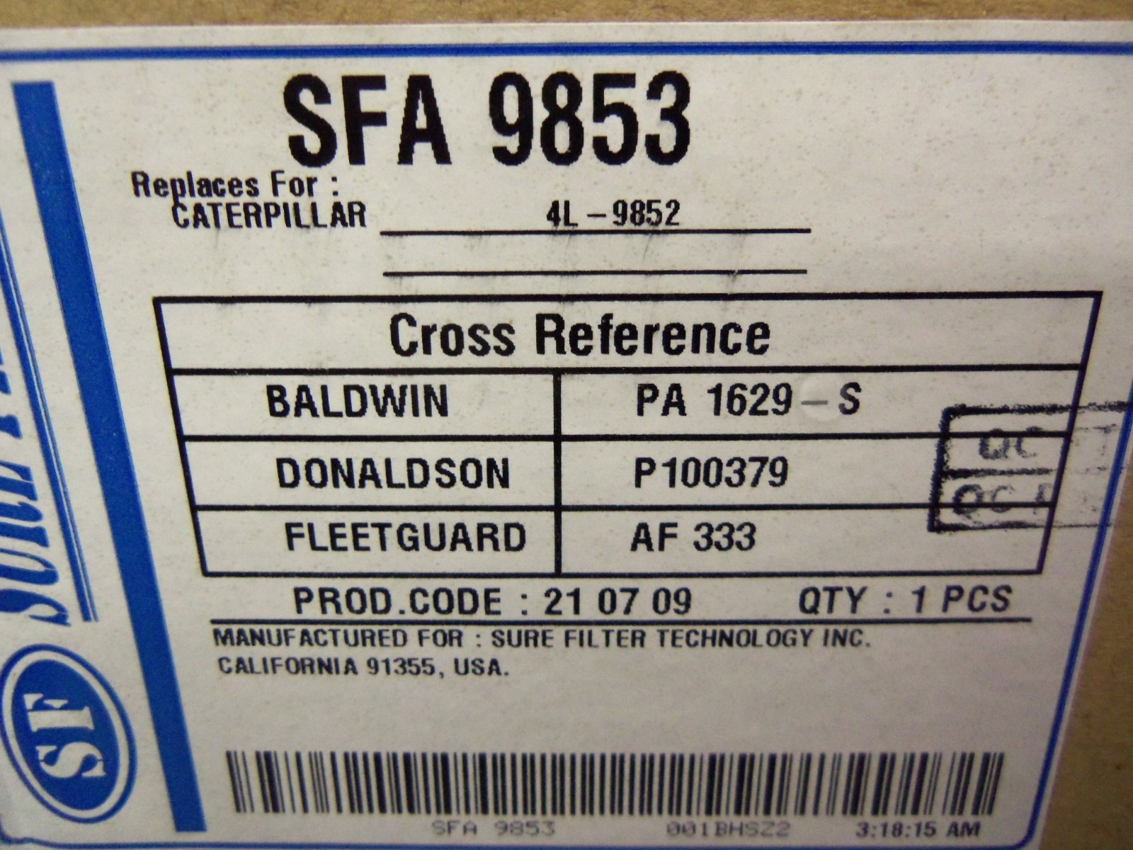 Sure Filter SFA9853 Air Filter Replaces FLEETGUARD AF333 Baldwin PA1629-S
