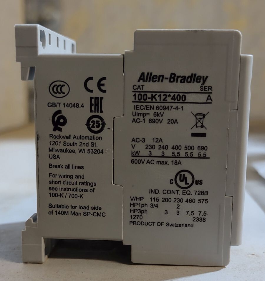 New Allen Bradley 100-K12D400 MINIATURE CONTACTOR 12 AMP 110V 50HZ / 120V 60HZ