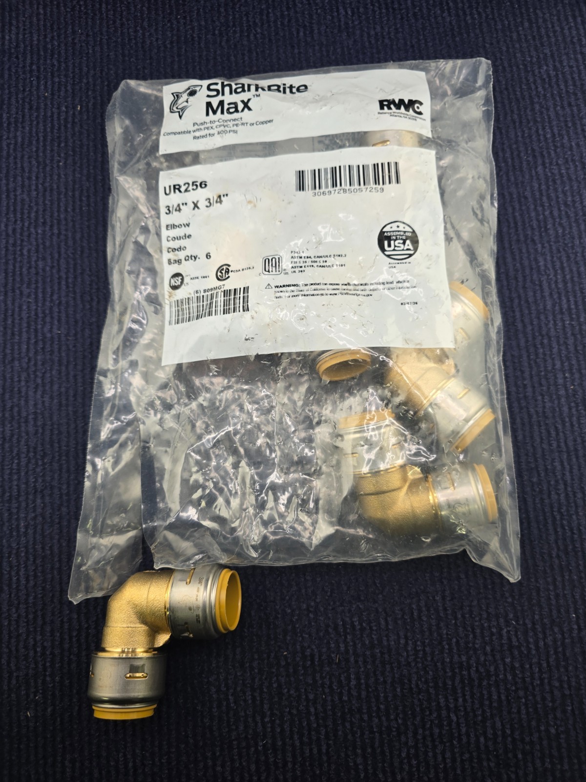 (QTY 6) SharkBite UR256: 3/4 in. Brass 90-Degree Push-to-Connect Elbow