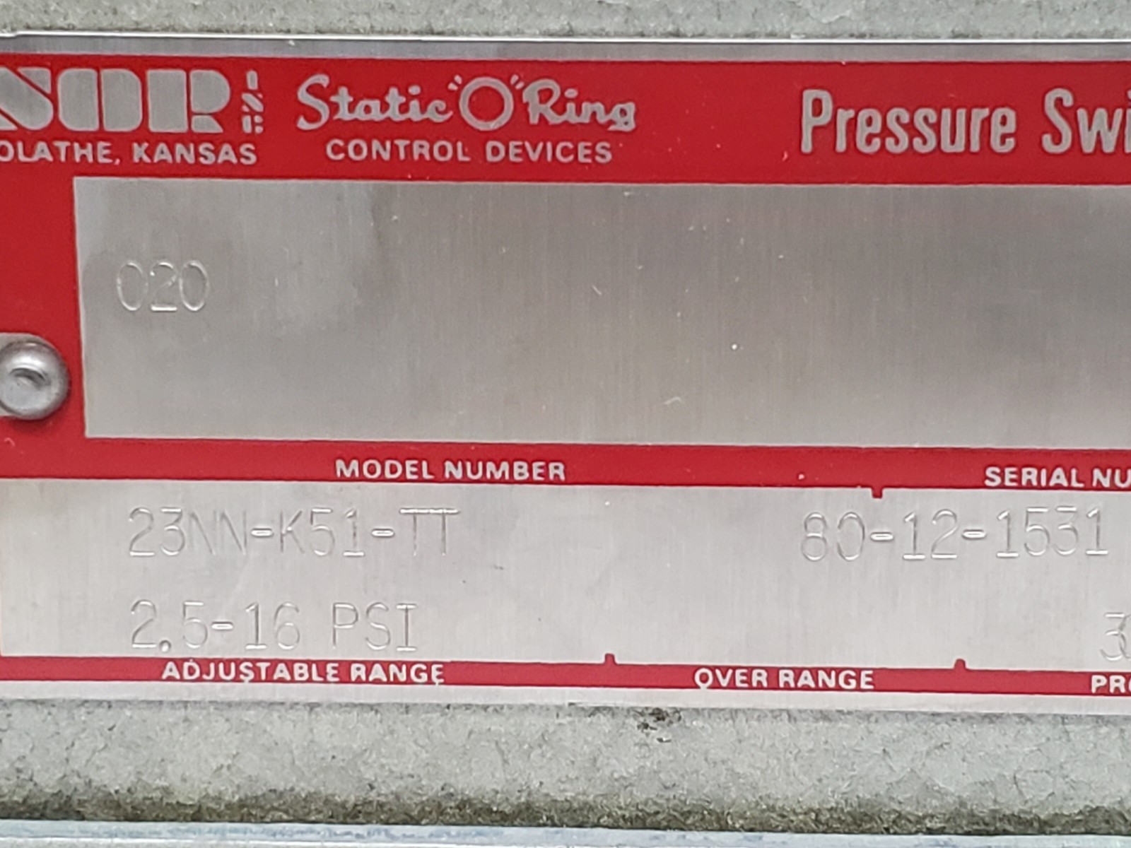 SOR 23NN-K51-TT PRESSURE SWITCH 2.5-16PSI (80-12-1531) NNB