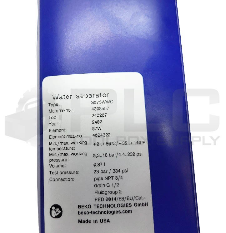 NEW BEKO S075WWC CLEARPOINT WATER SEPARATOR 4.4-232PSI 4008557 *READ*