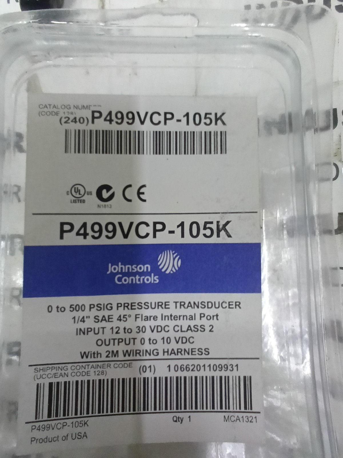 1/4” JOHNSON CONTROLS P499VCP-105K PRESSURE TRANSDUCER