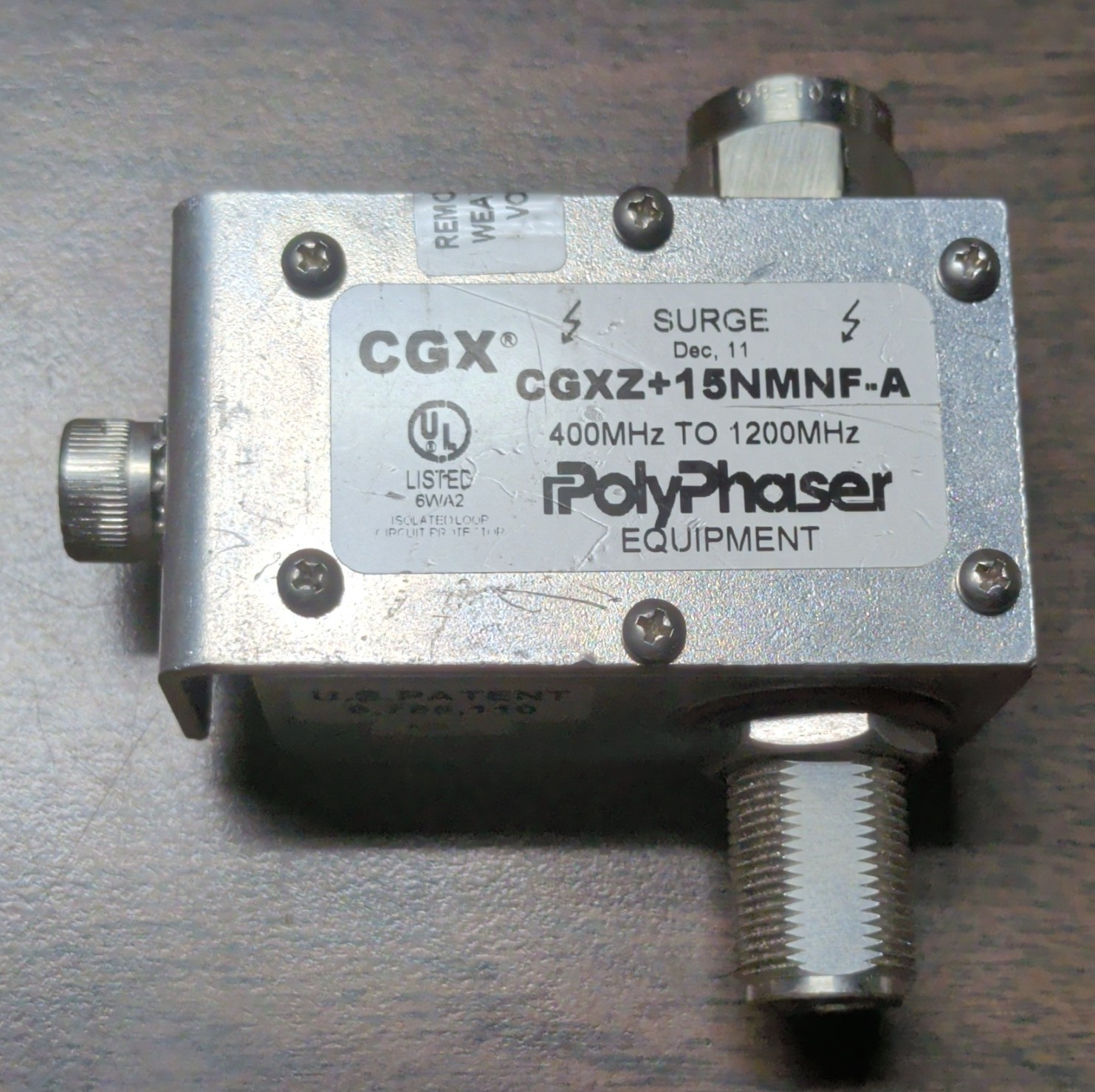 PolyPhaser CGXZ+15NMMF-A Inline N-Type Coax Surge Protector 400-1200MHz