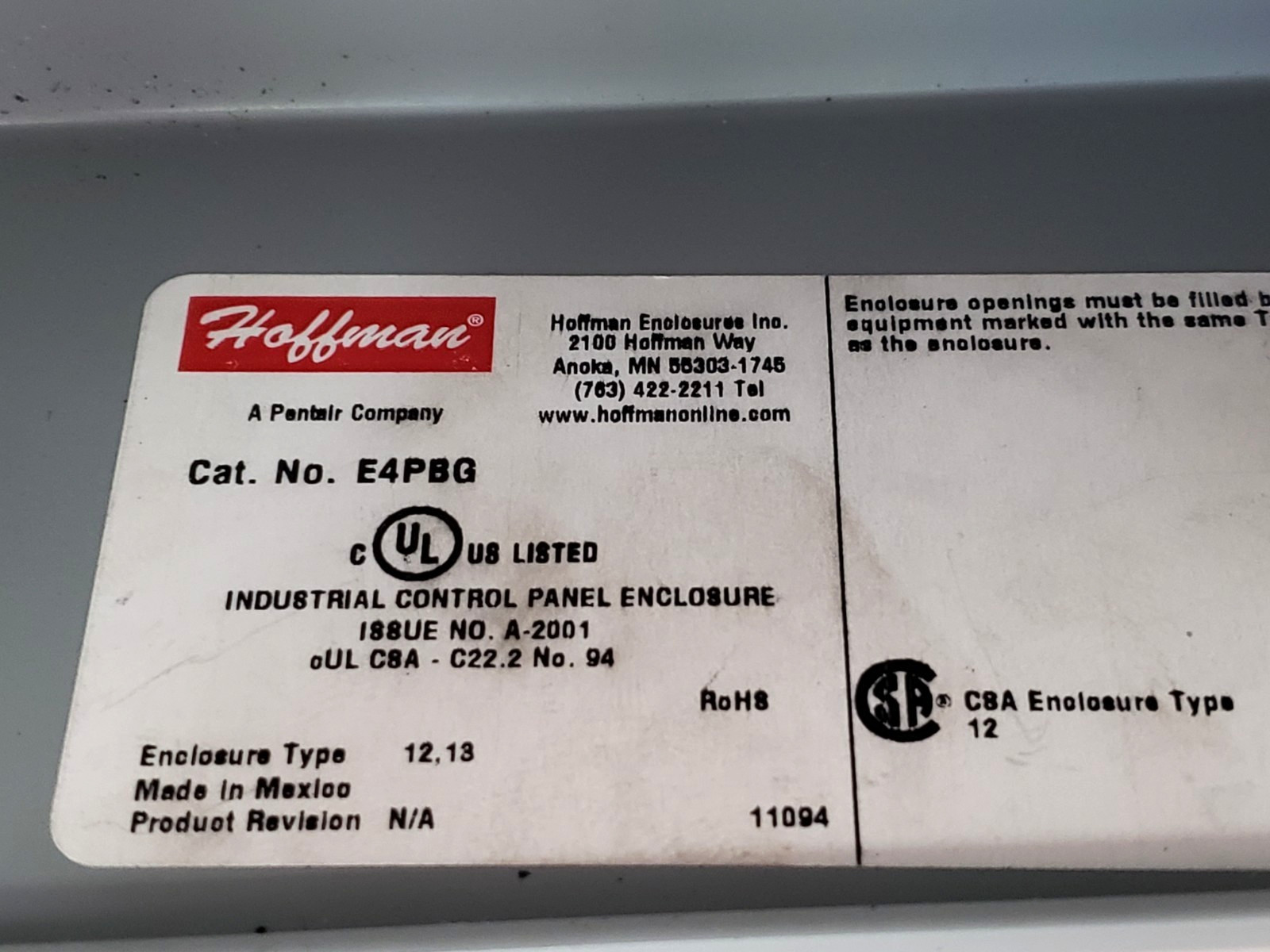 HOFFMAN E4PBG PUSHBUTTON ENCLOSURE 4 HOLE
