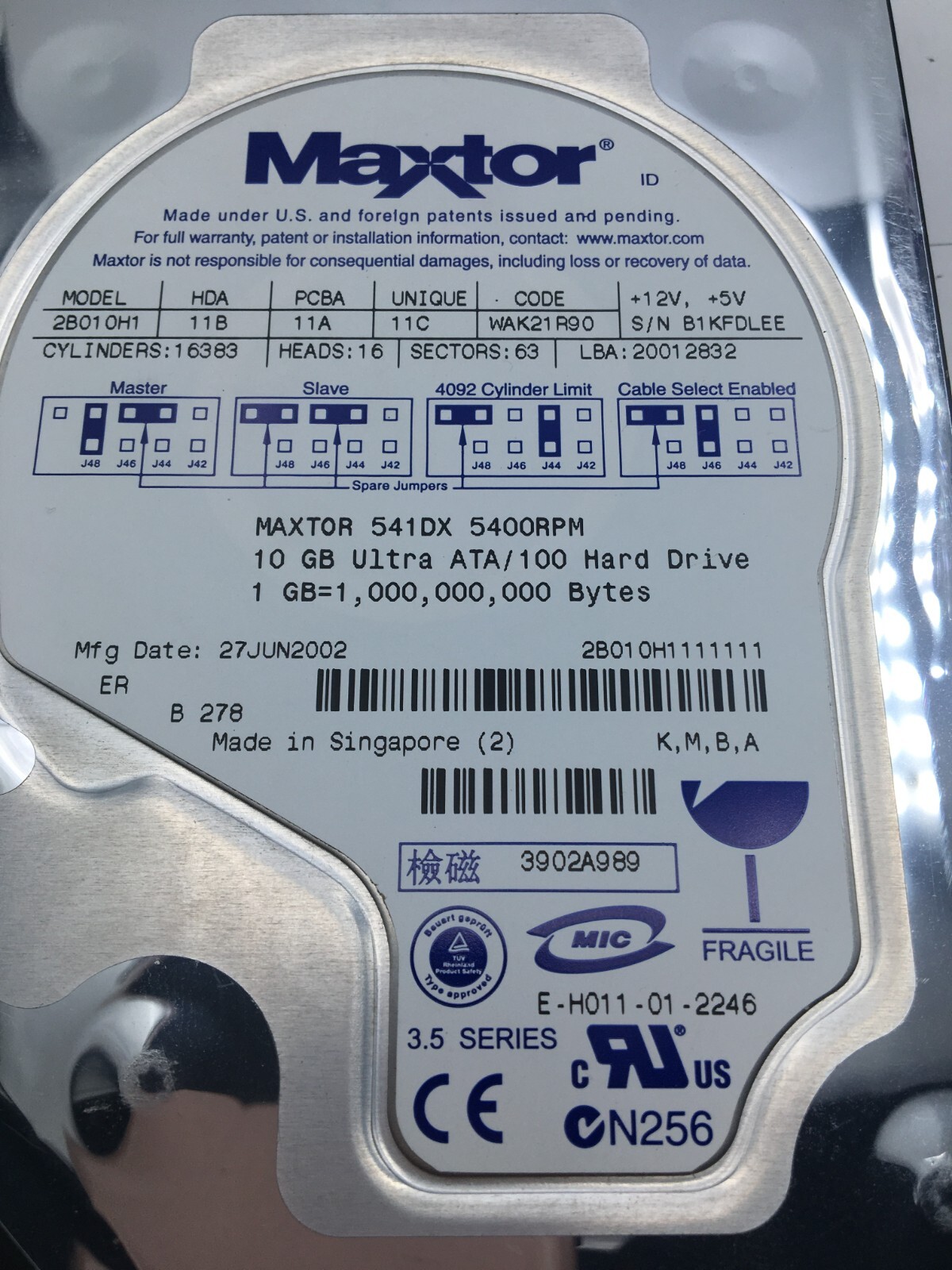 Maxtor 541DX, 5400RPM, 10GB Ultra ATA/100 Hard Drive