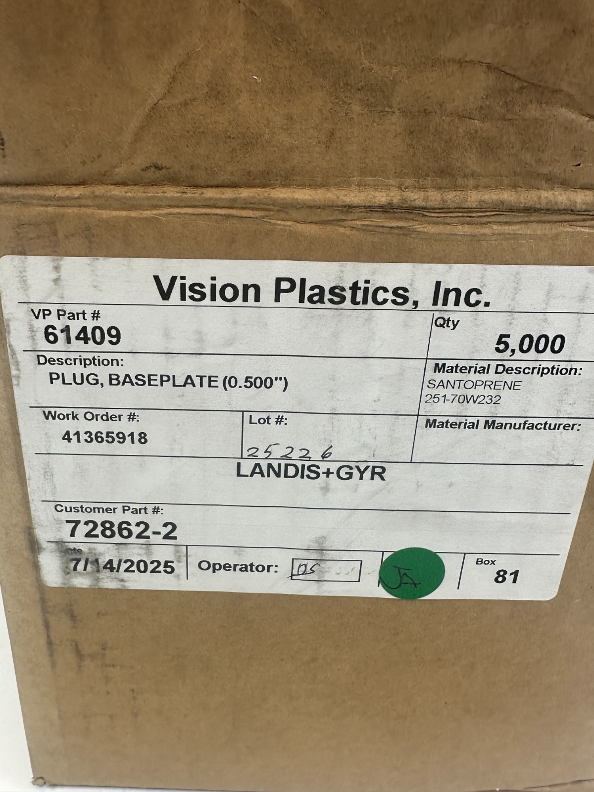 Vision Plastics 61409 Plugs Base Plate (0.500″) Santoprene 251-70W232 5000pcs