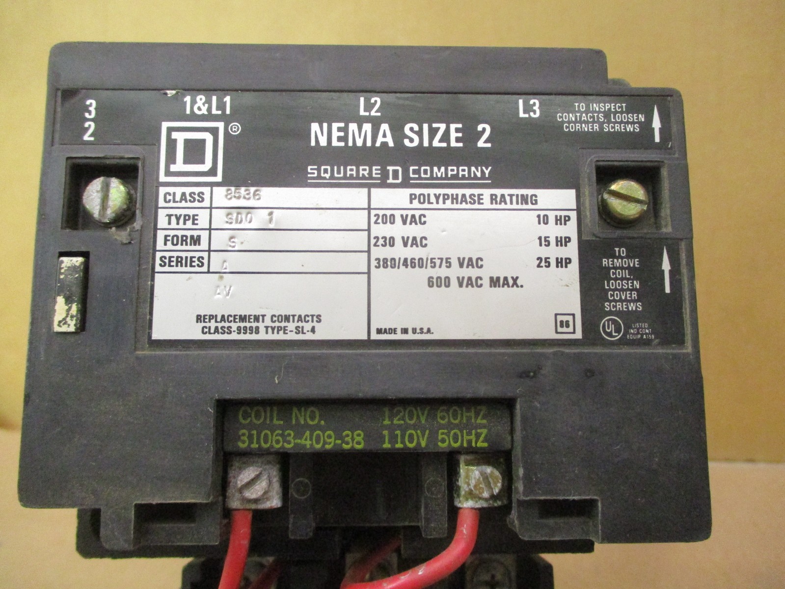 Square D NEMA Size 2 Type SD01 Coil No. 31063-409-38 120/110V 60/50Hz 53134PRX