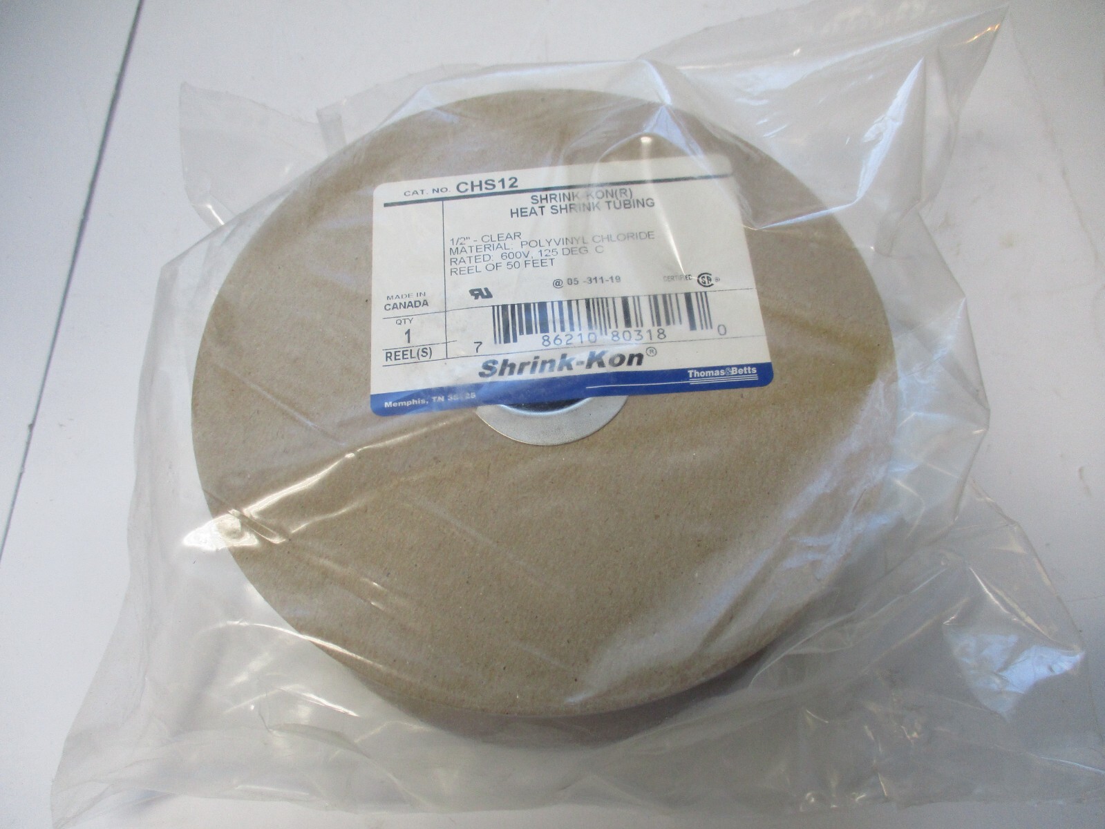 SHRINK-KON, T&B, CAT# CHS12, HEAT SHRINK TUBING, 1/2 CLEAR X 50 600V 125*C.