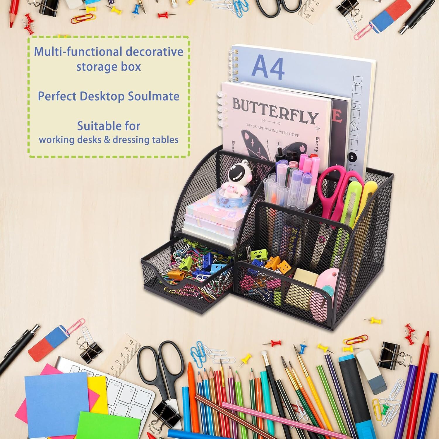 Mesh Desk Organizer Desktop Office Supplies Stationary with 6 Black