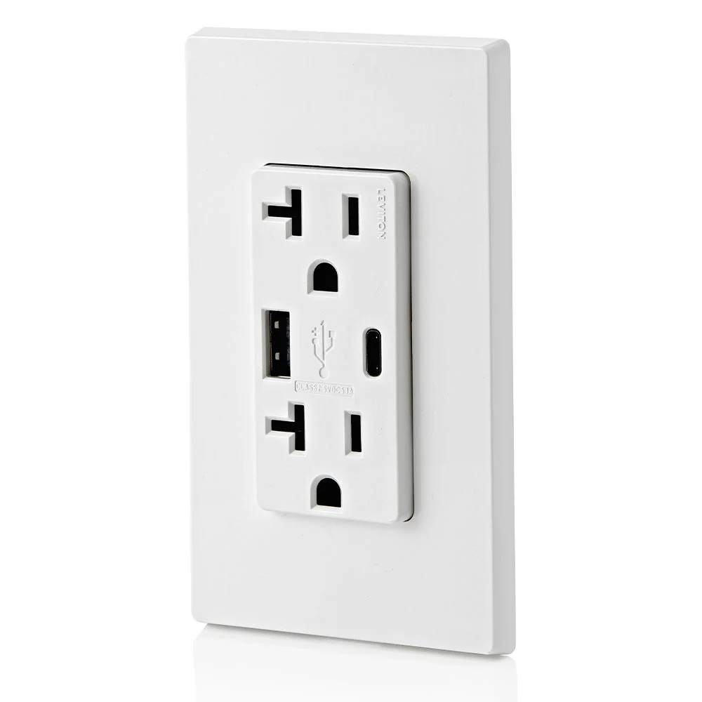 Leviton T5833-W Duplex Receptacle/Outlet & USB Charger 20A 125V NEMA 5-20R