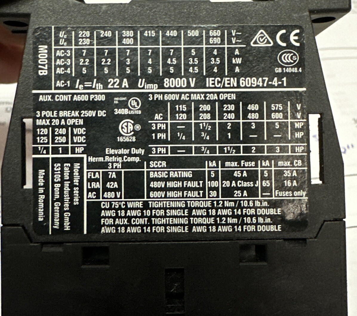 EATON IEC/EN 60947-4-1 CONTACTOR M007B XTCE007B10