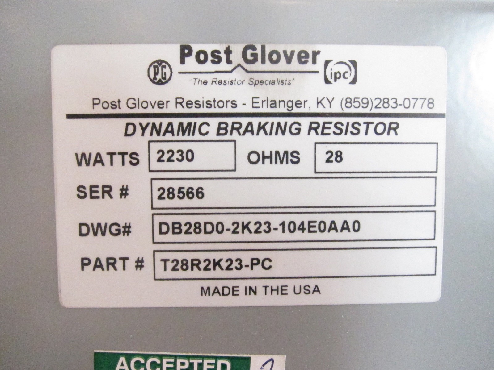 New Post Glover T28R2K23-PC Dynamic Braking Resistor DB28D0-2K23-104E0AA0