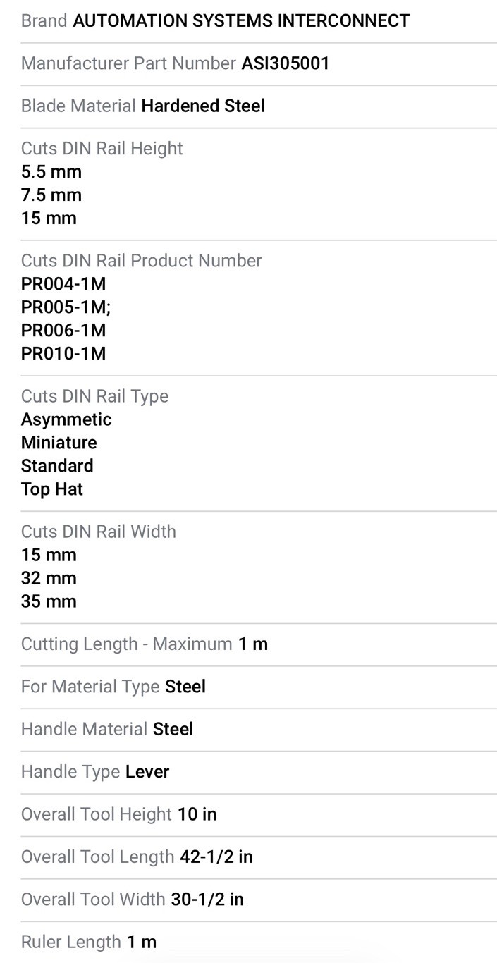 ASI ASI305001 DIN Rail Cutting Tool w/ Hand Lever, Cuts Steel Din Rail, 1 Meter
