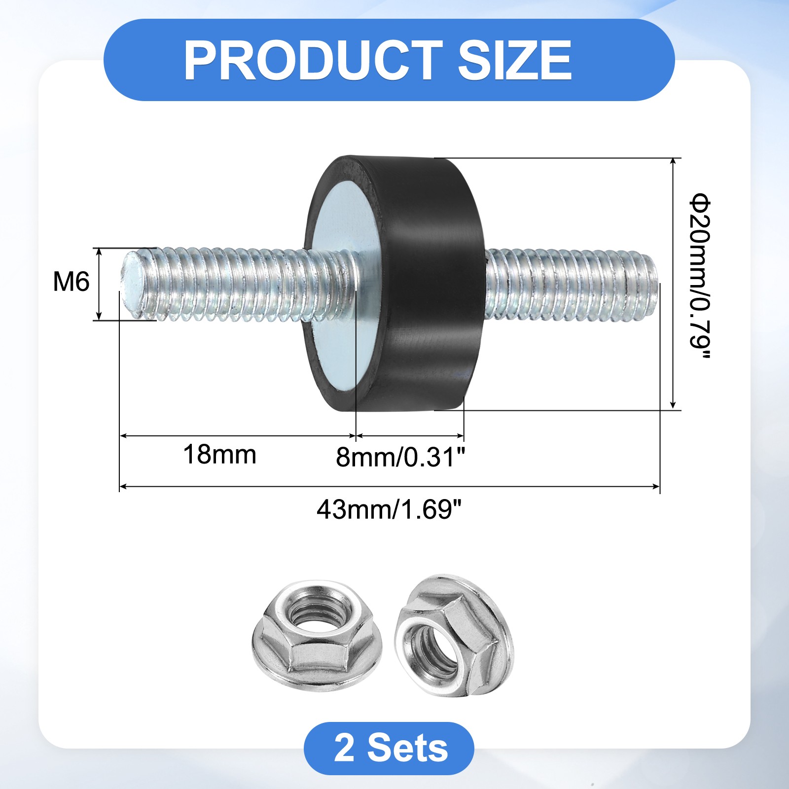 2Pcs M6 x 18mm Rubber Mounts, 8 x 20mm Rubber Vibration Isolator with Nuts