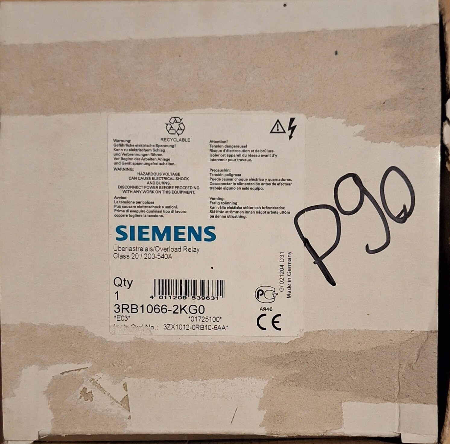 Siemens 3RB1066-2KG0 Overload Relay 200-540A Class 20 for S10/S12