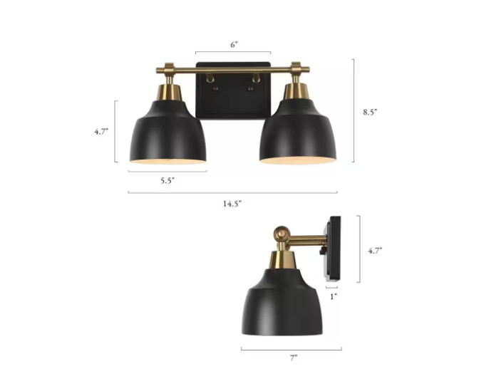 LNC Modern 2-Light Black Light w/ Brass Plated Metal Arm White Inner Bell Shades