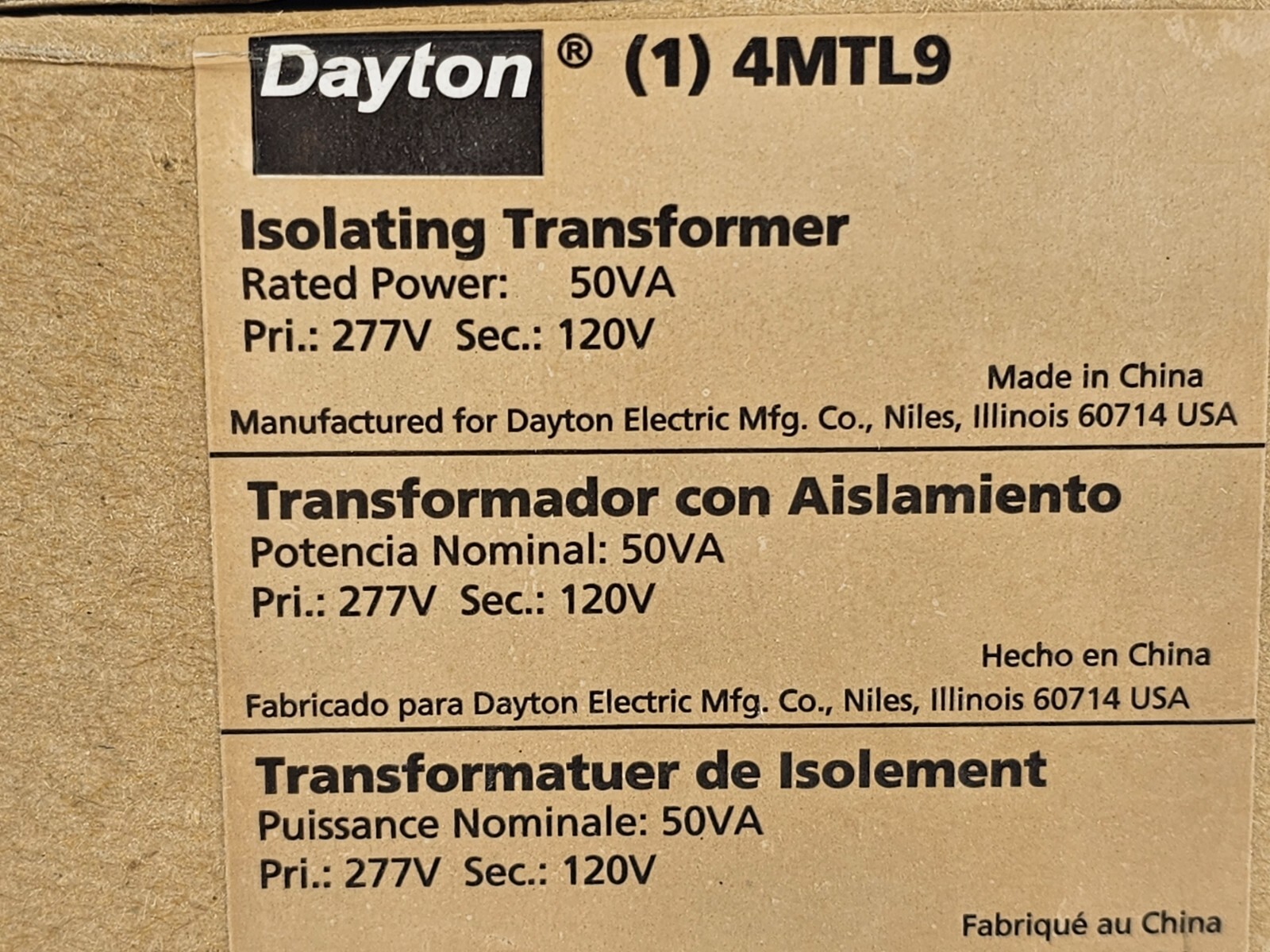 Dayton 4MTL9 Isolating Control Transformer, 50VA, 277VAC In, 120VAC Out NEW