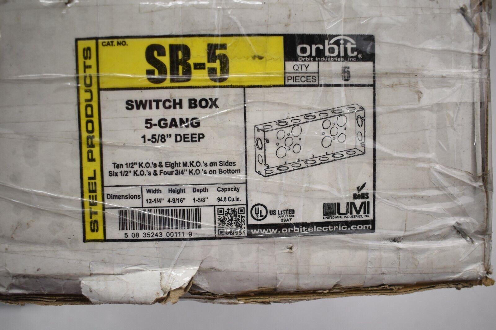 Lot of 5 Orbit SB-5 5 Gang Welded Switch Metal Box 12-1/4″ x 4-9/16″ x 1-5/8″
