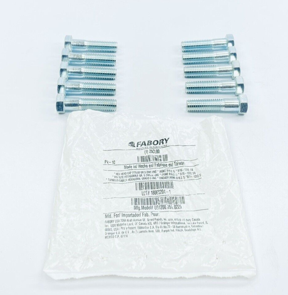 LOT OF 10 UNUSED FABORY U01200.056.0225 HEX HEAD CAP SCREW 9/16″-12×2.1/4 ZINC