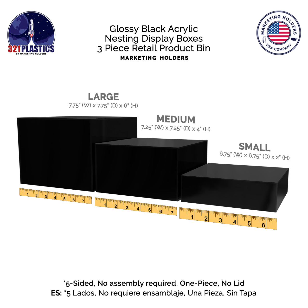 Set of 3 Black Acrylic Display Box Compartment Storage 5 Sided Bin Glossy No Lid