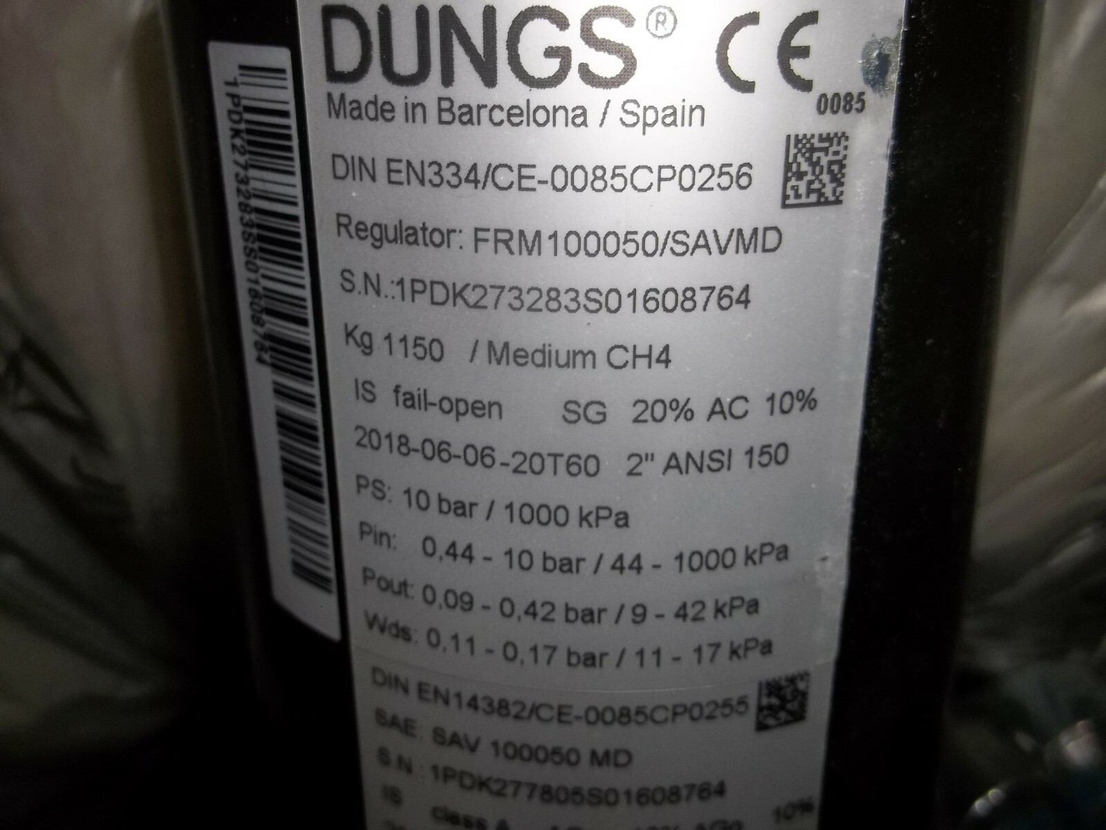 NIB DUNGS FRM100050/SAVMD 273283 GAS REGULATOR 10 BAR 1000 KPA (RHPR)