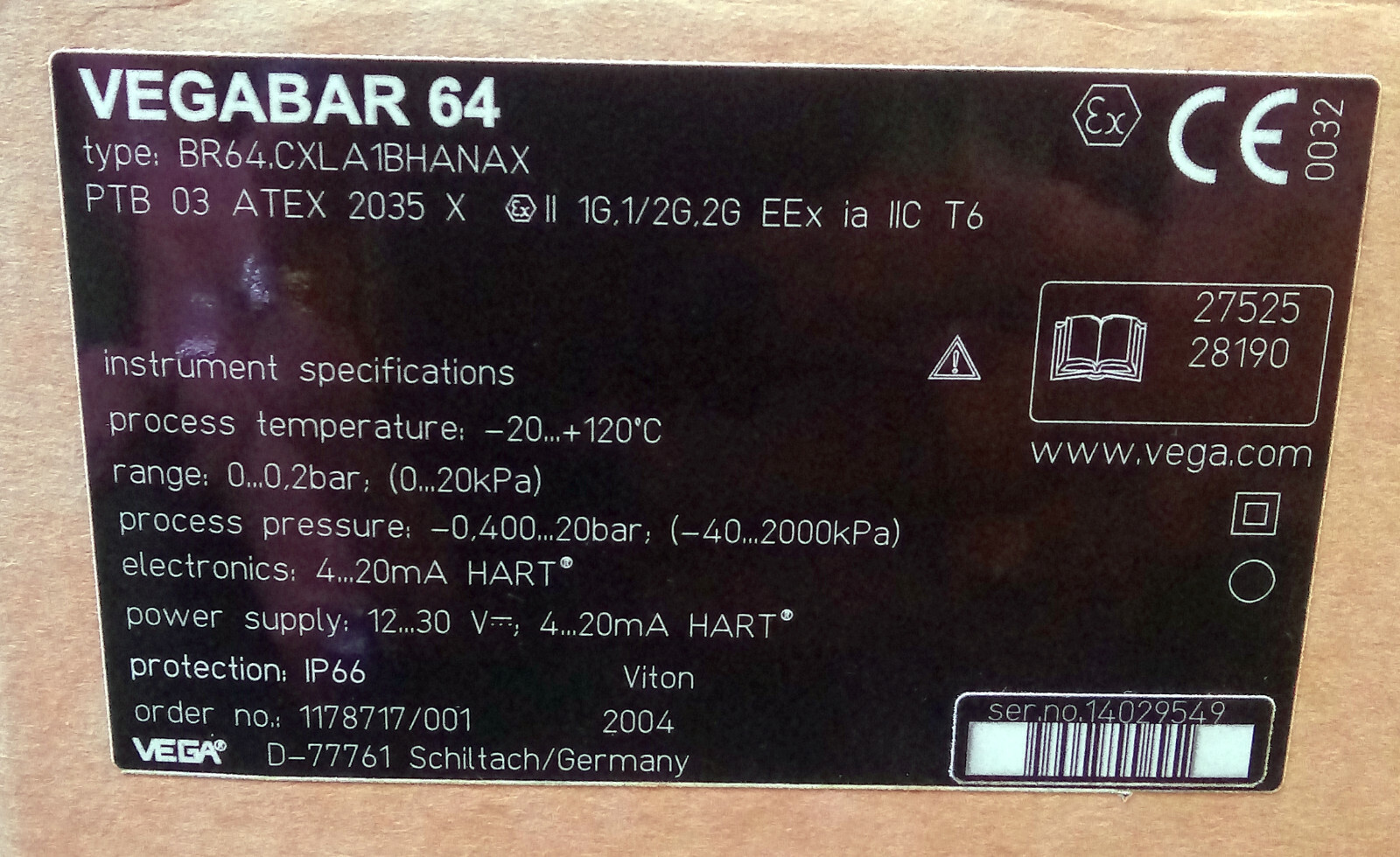 1 NEW VEGA BR64.CXLA1BHANAX VEGABAR 64 PRESSURE TRANSMITTER NIB ***MAKE OFFER***