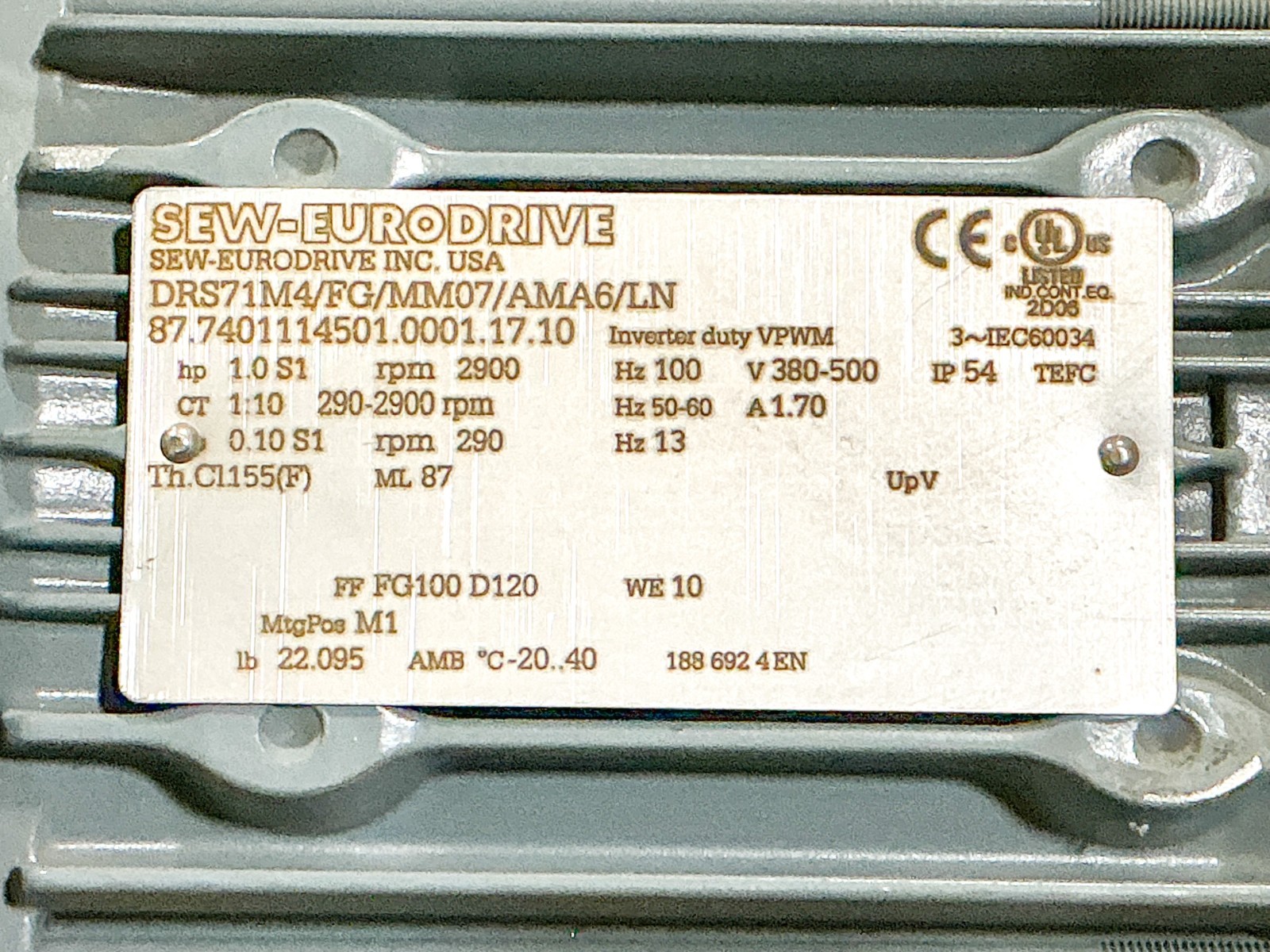 New Sew EuroDrive DRS71M4/FG/MM07/AMA6/LN Electric Motor 2900RPM 500V -No Box