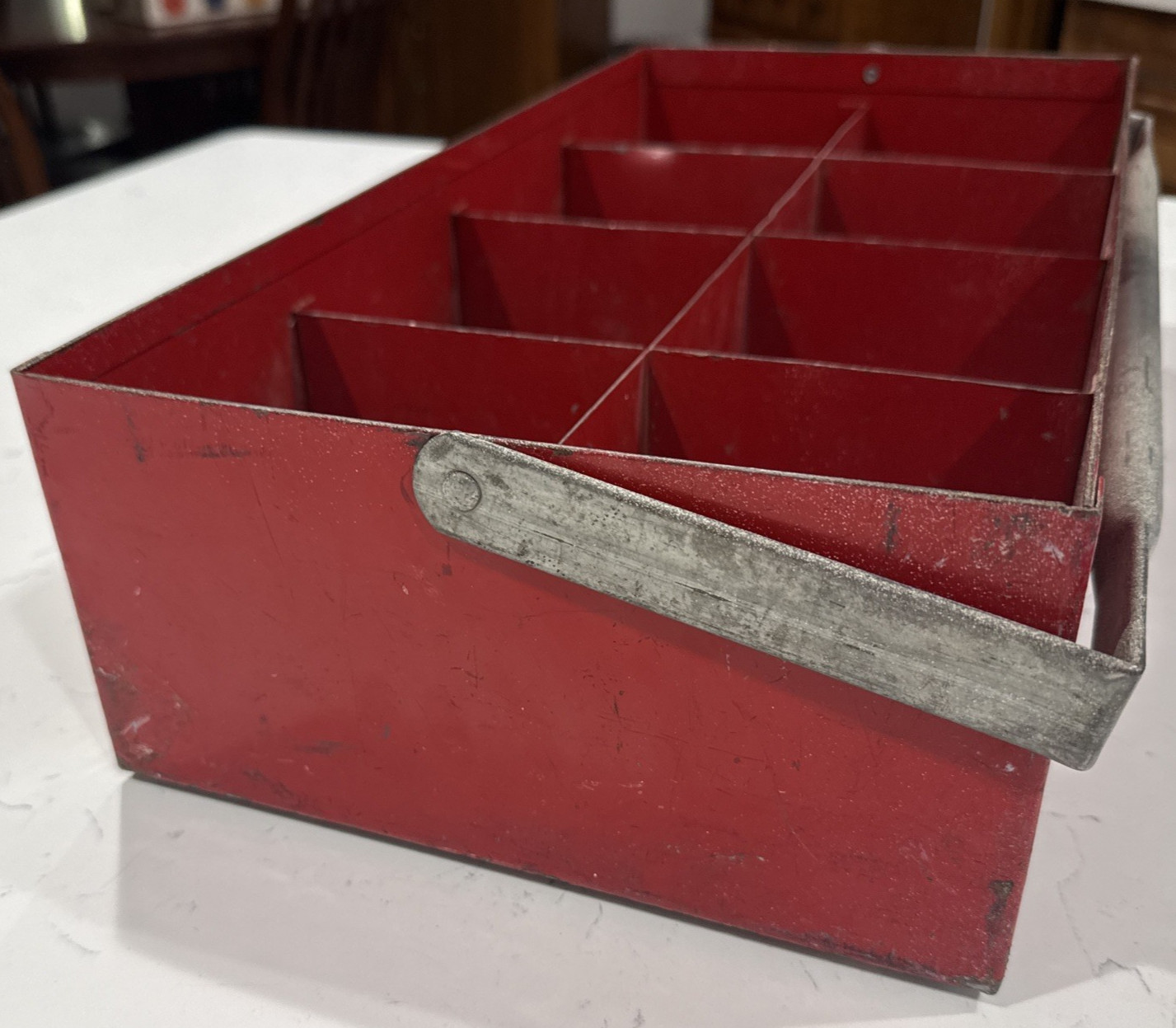 Vintage Red Steel Oil Can Holder/Fitting Tote 20″ x 10″ x 5″ w/8 Dividers Decor