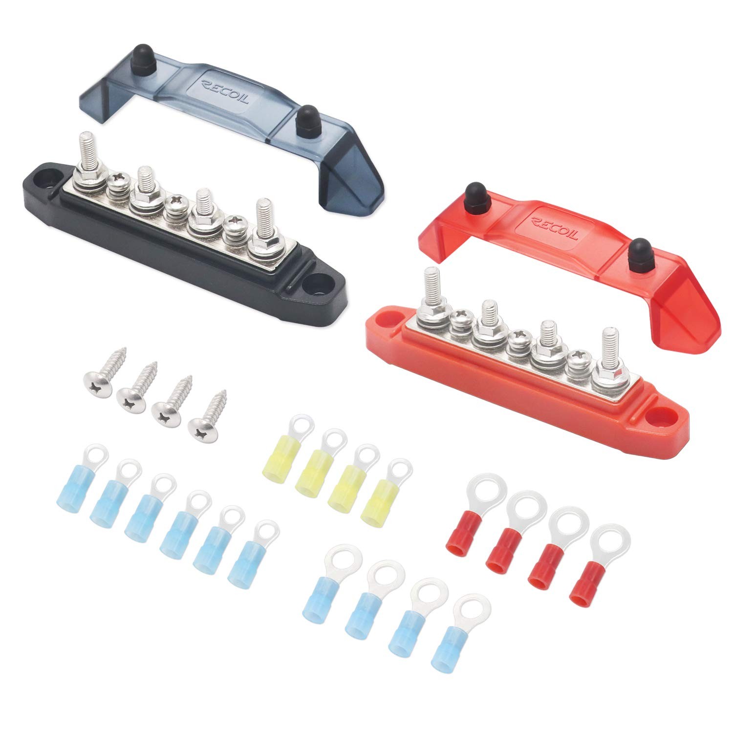 Recoil BBS43-P Bus Bar 4 x M5 Studs 3 Screw Terminals Power Red+Black