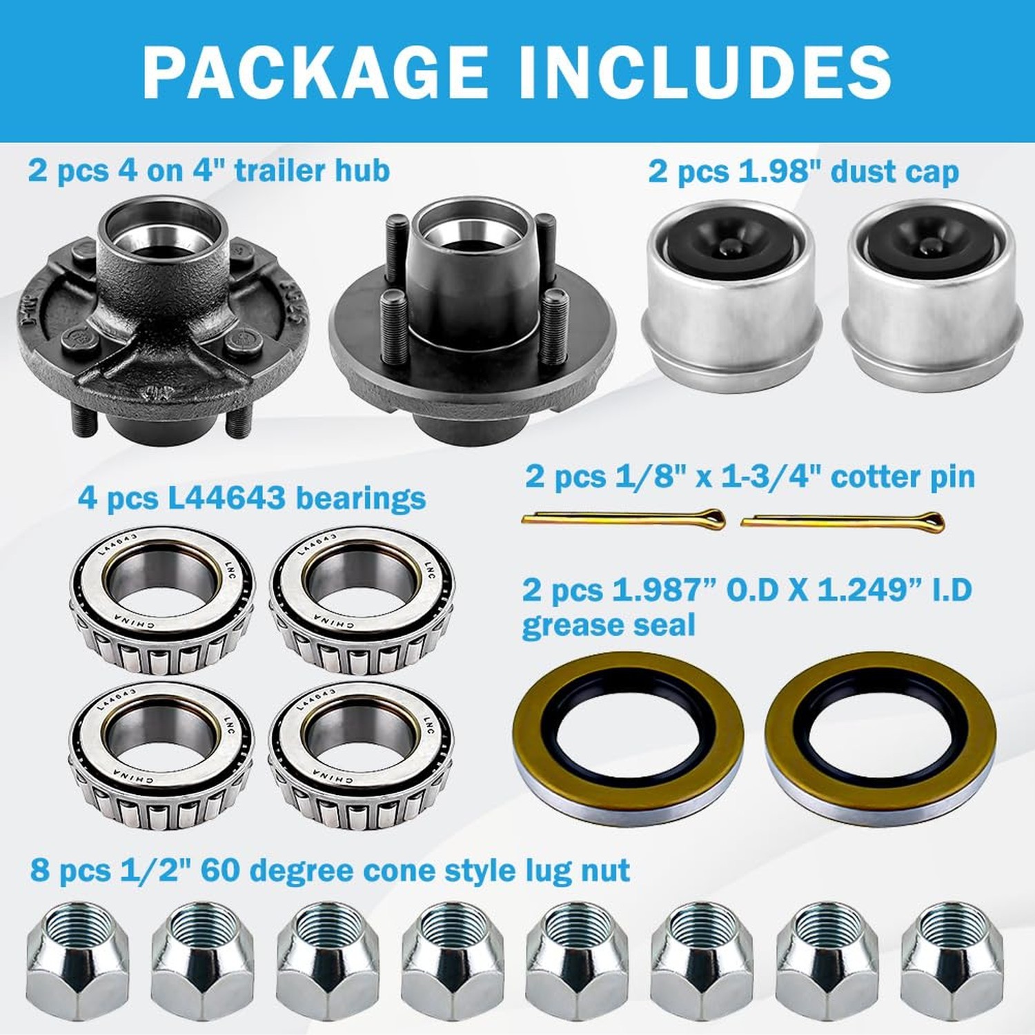 Trailer Idler Hub Kit 4 on 4” for 2000 lbs 1″ and 1″-1/16″ Trailer Axle,Tr