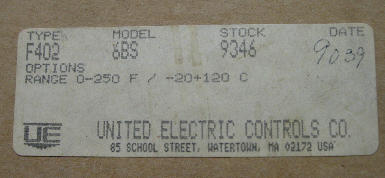 United Electric F402 6BS Temperature Controller Range 0-250F/-20-120C