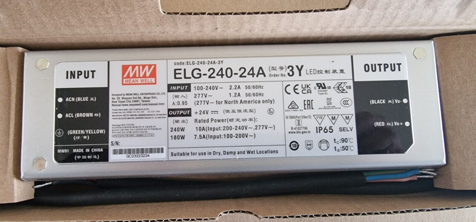 MEAN WELL ELG-240-24A-3Y 240W 24V 10A LED power supply IP65