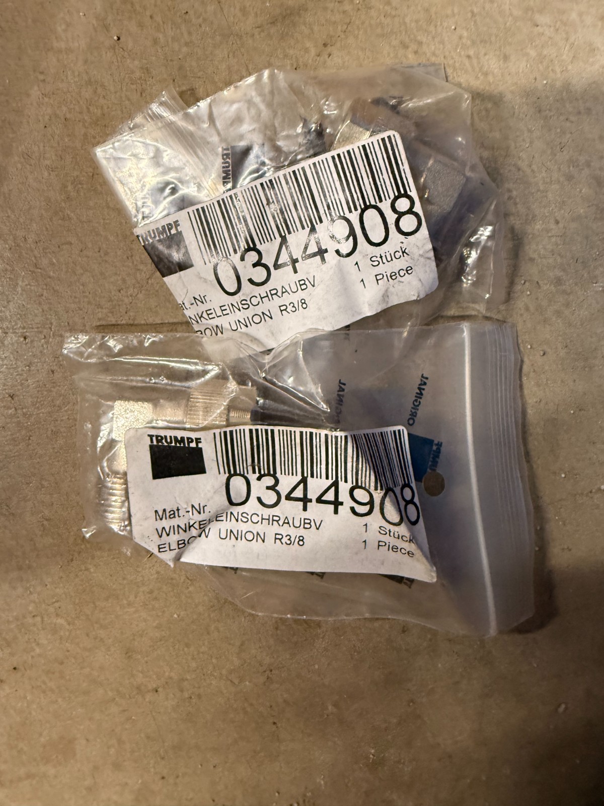NEW LOT of 2 TRUMPF laser Hardware Connector Elbow Union R3/8 Screw # 0344908