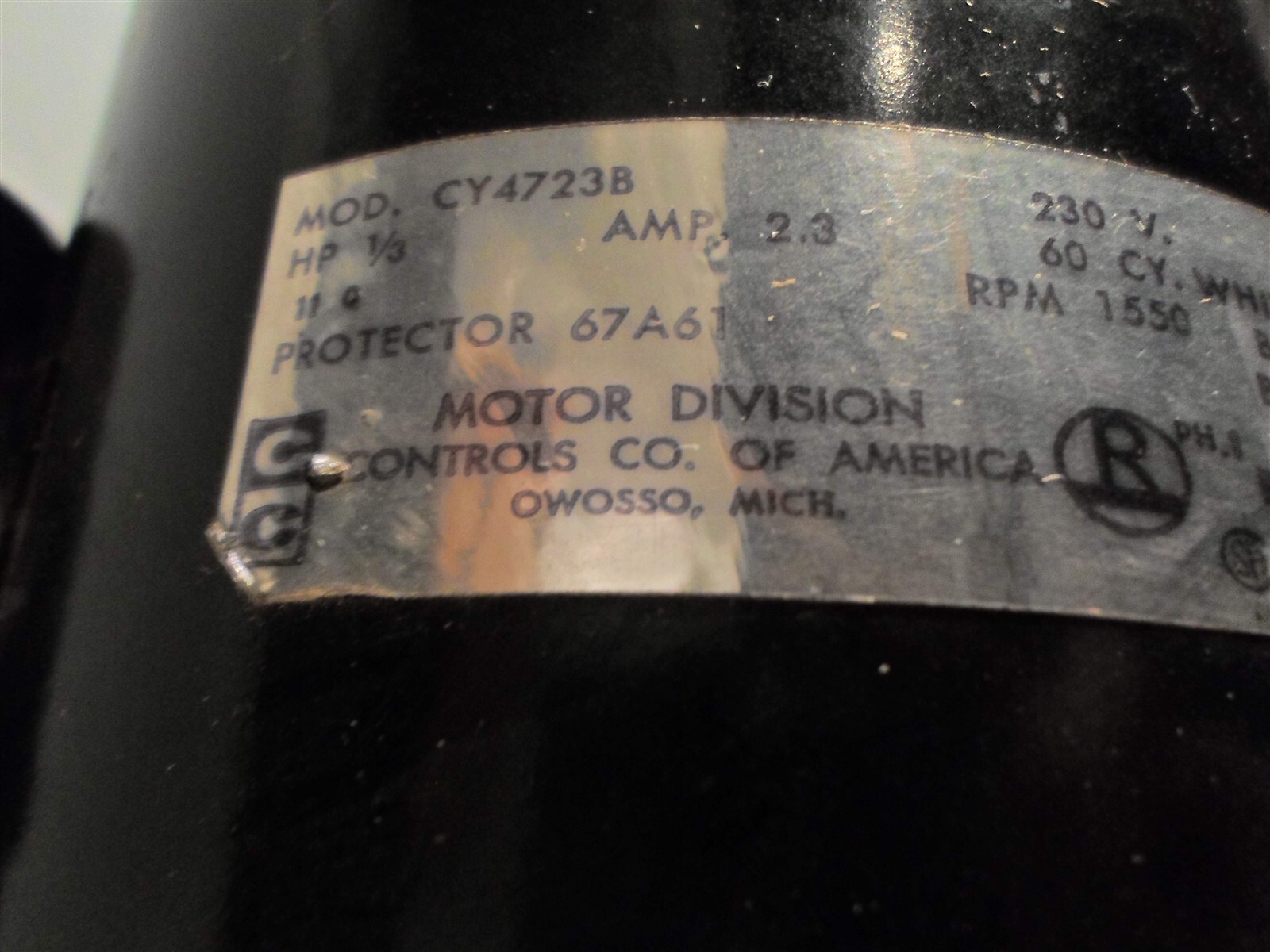 Controls Co. Model CY4723B Motor 1/3 HP, 2.3A, 1550 RPM, 230V