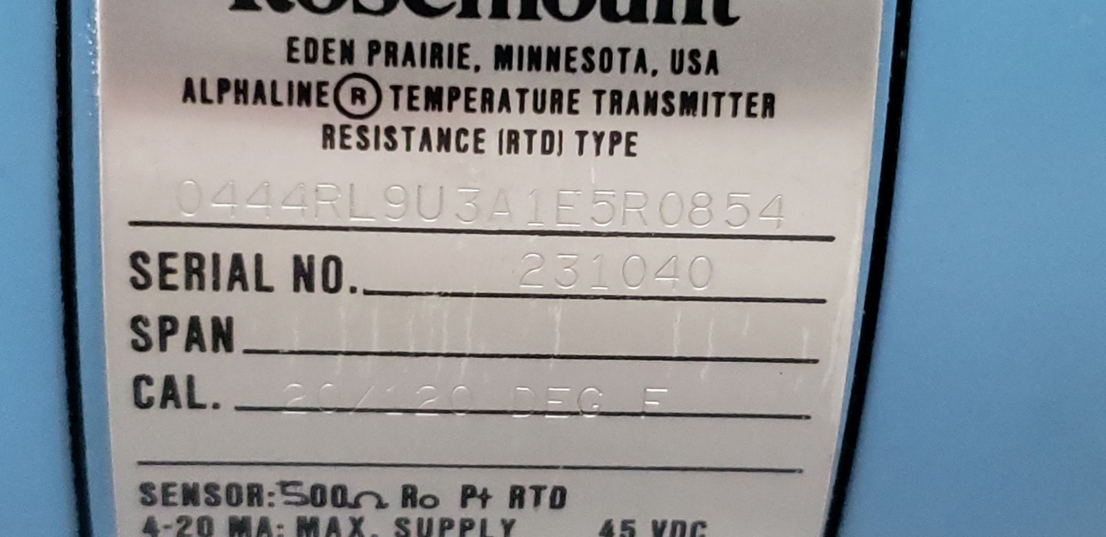 ROSEMOUNT 0444RL9U3A1E5R0854 TEMPERATURE TRANSMITTER, 20/120 DEG F, 45VDC, NNB
