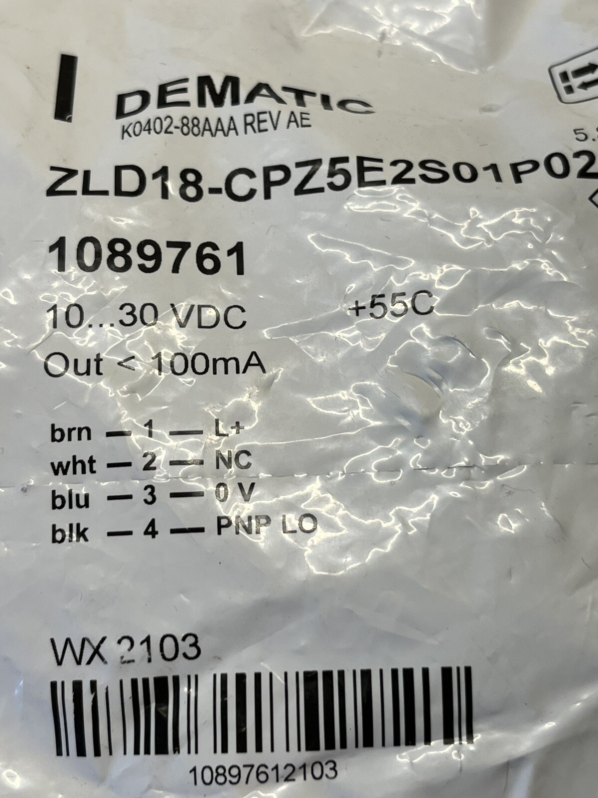 New Sick 1089761 ZLD18-CPZ5E2S01P02 Dematic Wx 2103 D-79183 K0402 88AAA Rev AE