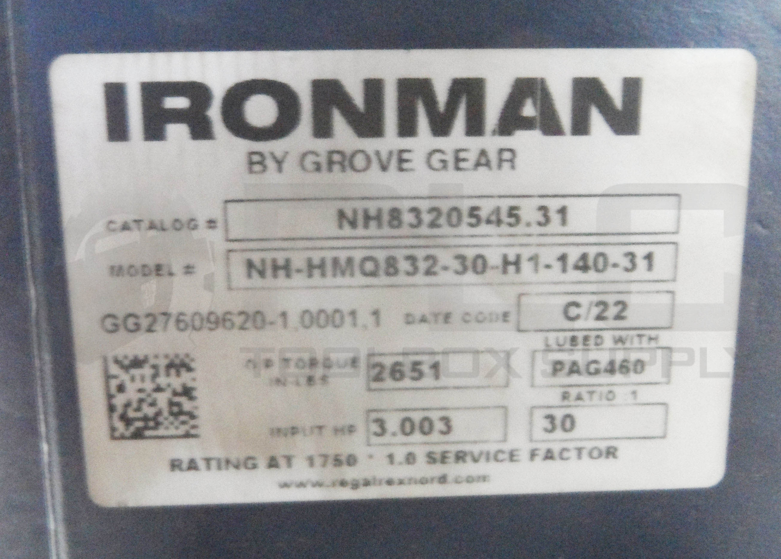 NEW GROVE GEAR NH-HMQ832-30-H1-140-31 IRONMAN GEARBOX 30:1 3HP