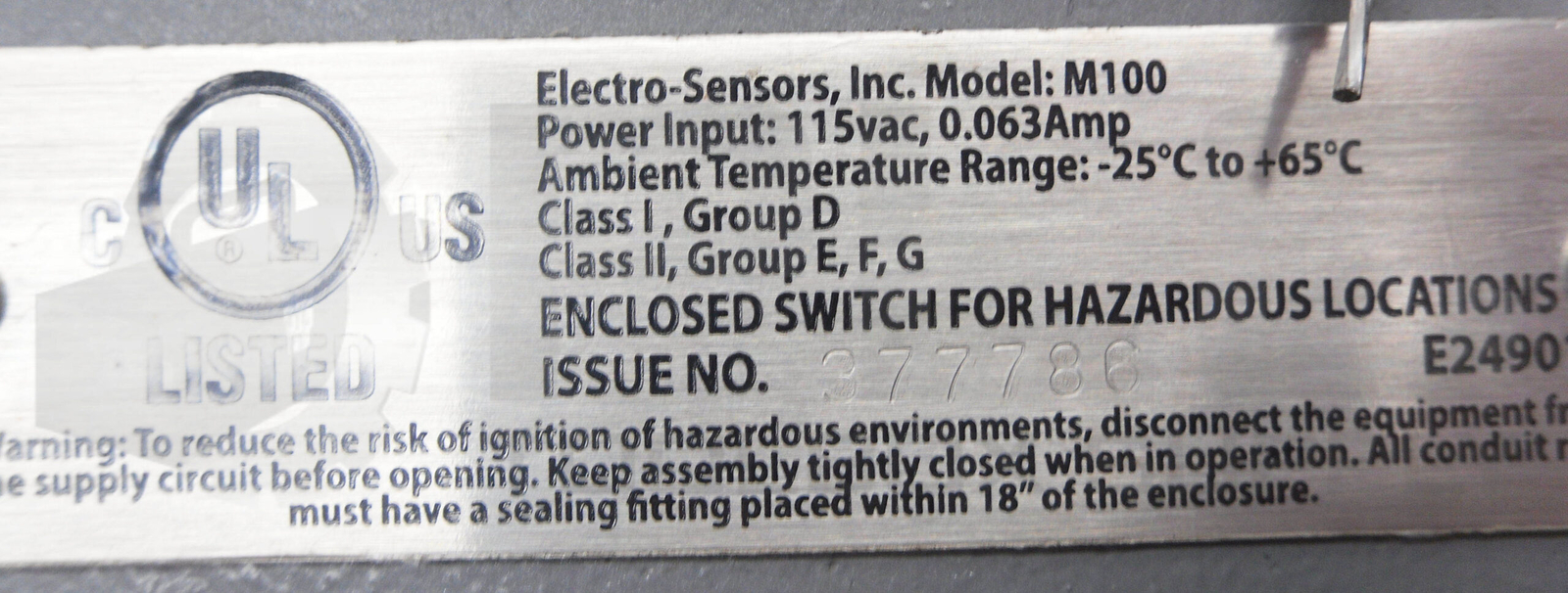 NEW ELECTRO-SENSORS M100 SHAFT SPEED SWITCH 115VAC 0.063A