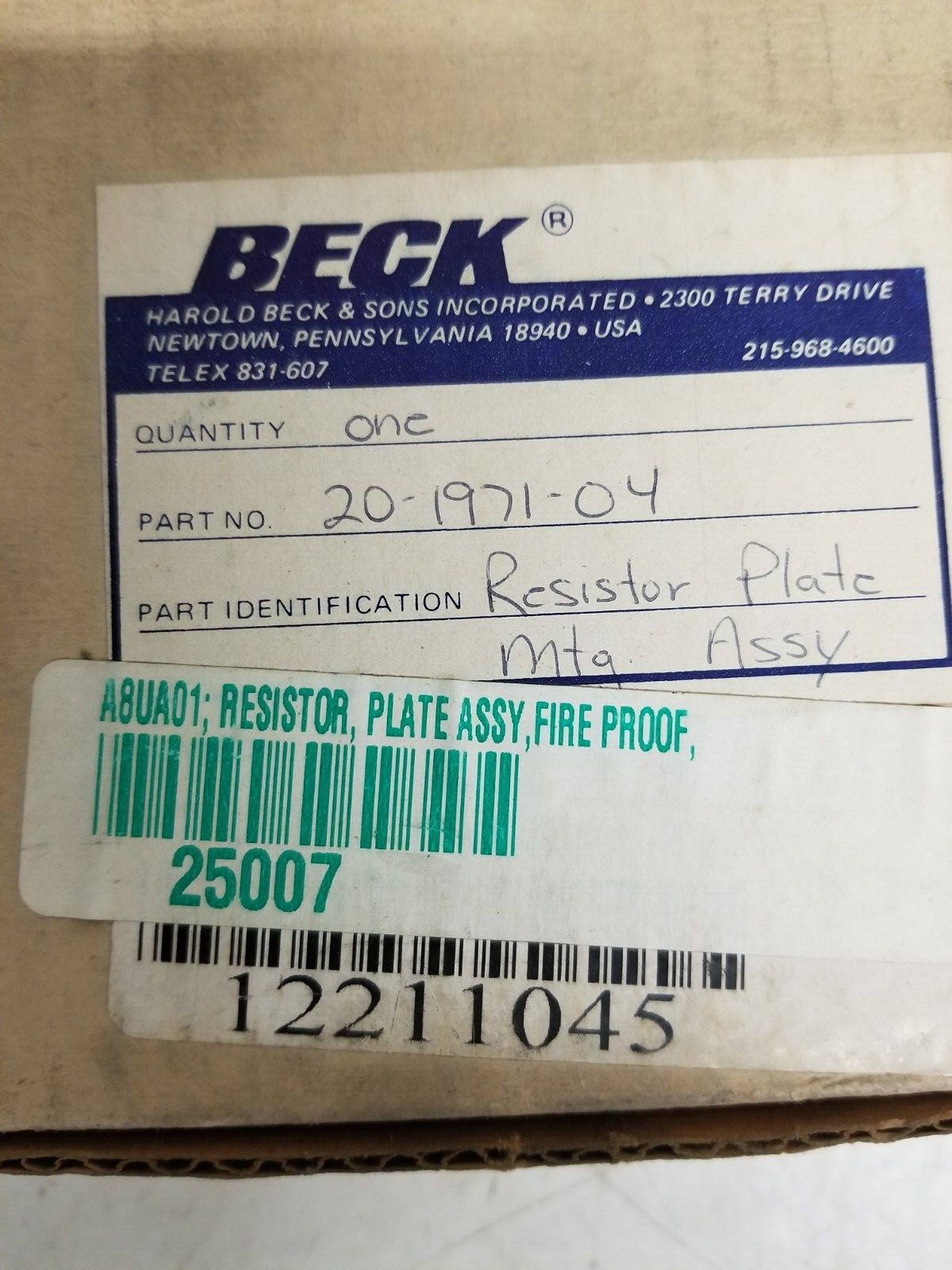 Beck 20-1971-04 Resister Plate Mtg. Assy.
