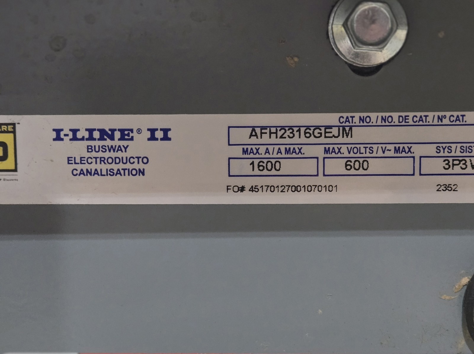 SQUARE D AFH2316GEJM I-LINE II BUSWAY TAP BOX/ FITTING. 1600A, 600V, 3P3W.