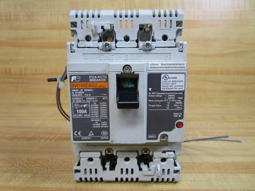 Fuji Electric BW100EAGU-3P100 100A Circuit Breaker BW100EAGU W/ Terminal Guards