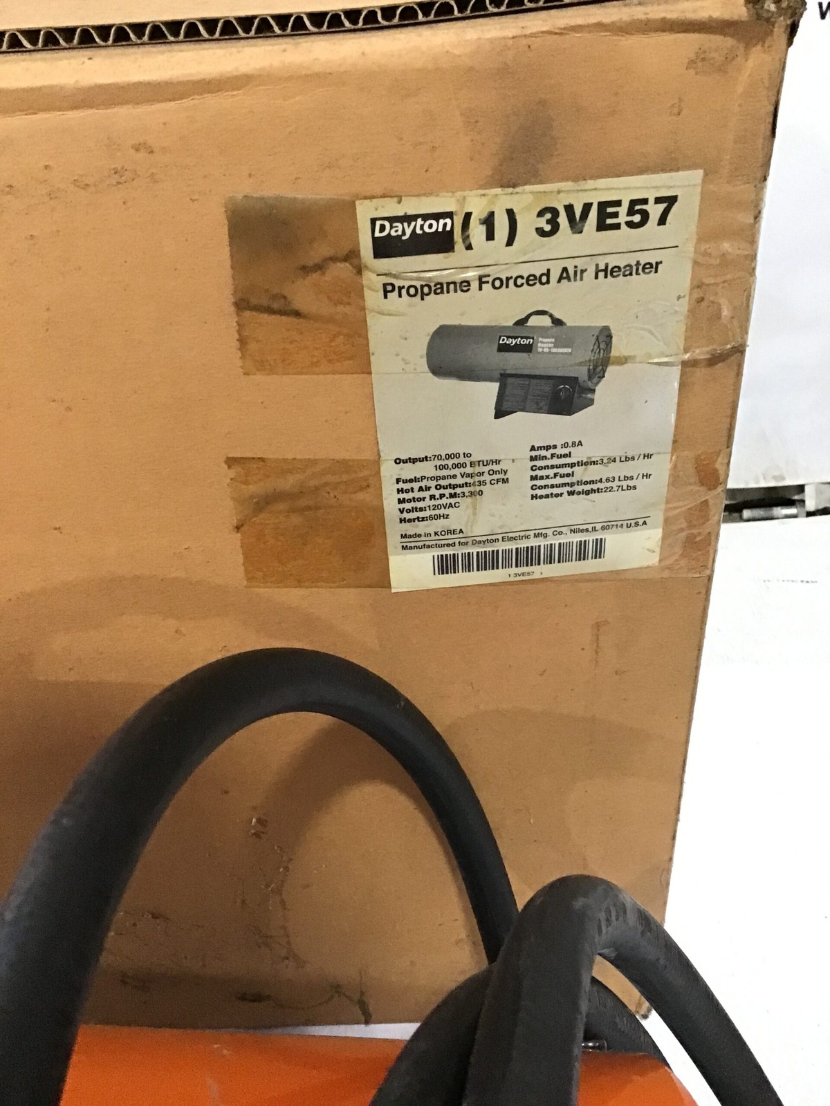 Dayton 3VE57 Propane Forced Air Heater 70K-100K BTU 0.8A 35CFM