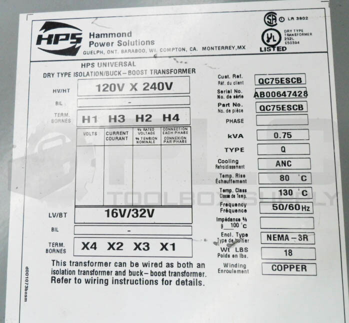 HAMMOND QC75ESCB ISOLATION/BUCK-BOOST TRANSFORMER 240V 50/60HZ