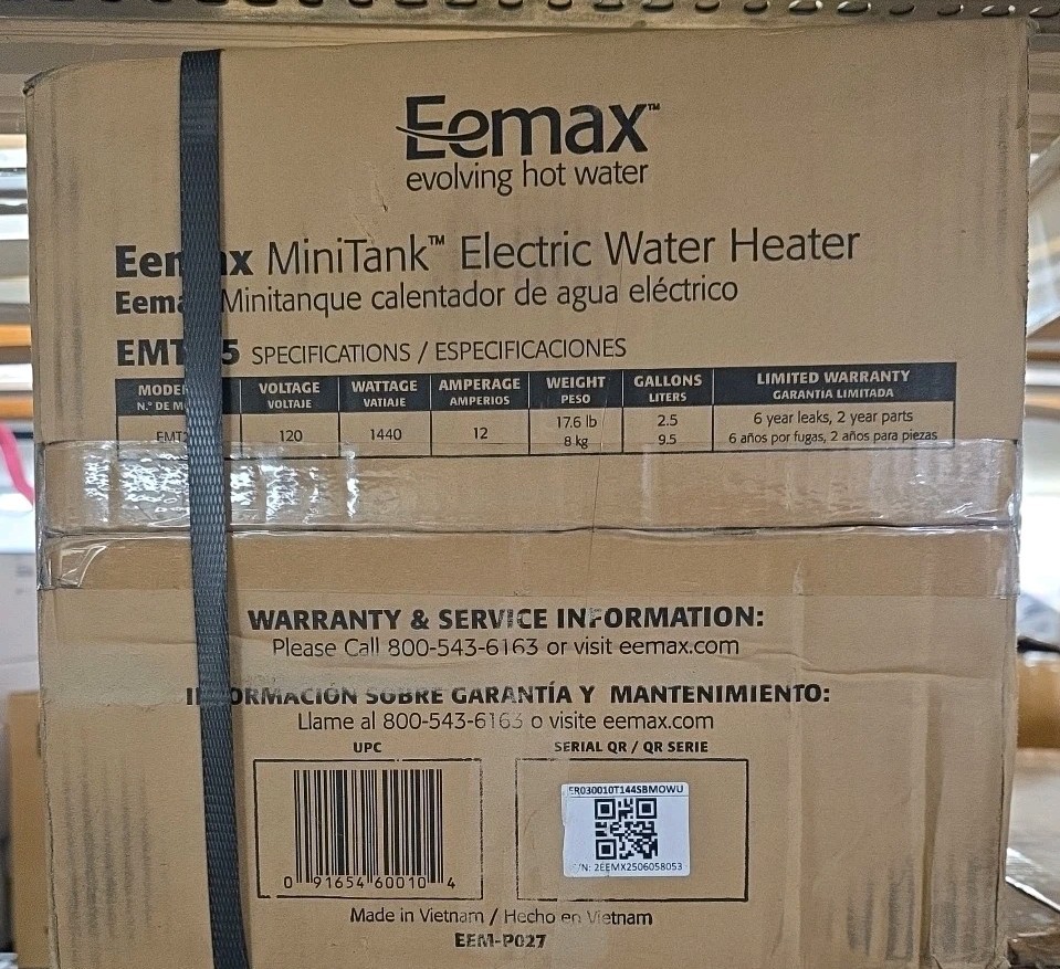New Eemax Emt2.5 Mini Tank Water Heater, Freestanding, 120V Ac, 2.6 Gal