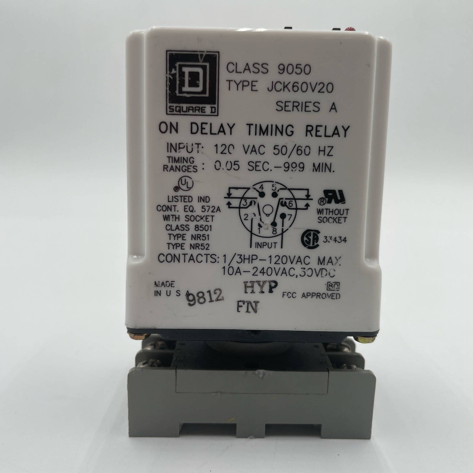 SQUARE D 9050 JCK60V20 TIMING RELAY 0.05 SEC – 999 MIN. 10A 240V SERIES A