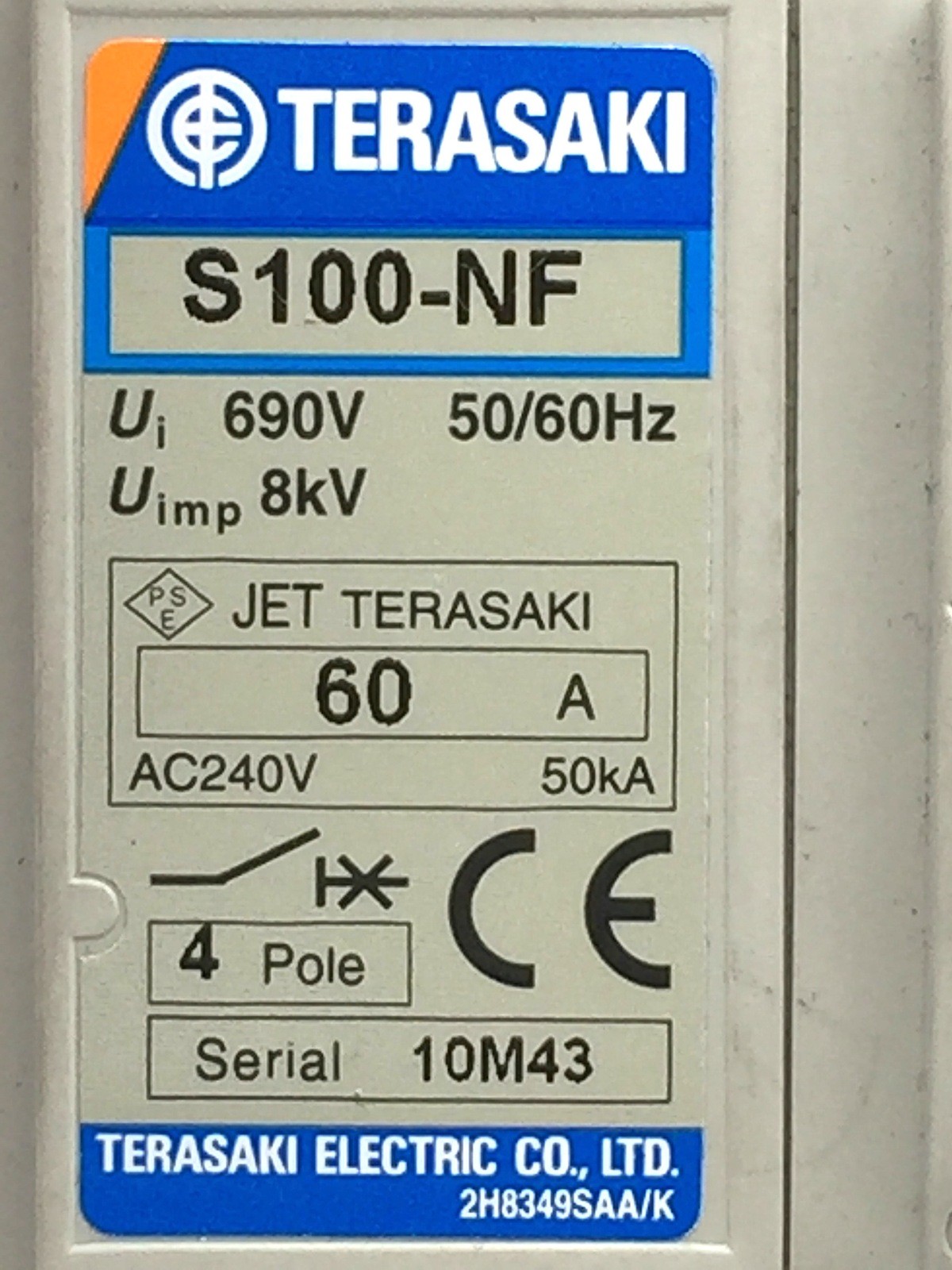 TERASAKI TemBreak S100-NF Circuit Breaker 60A FC 4P 30kA at 415V 24V DC Shunt Tr