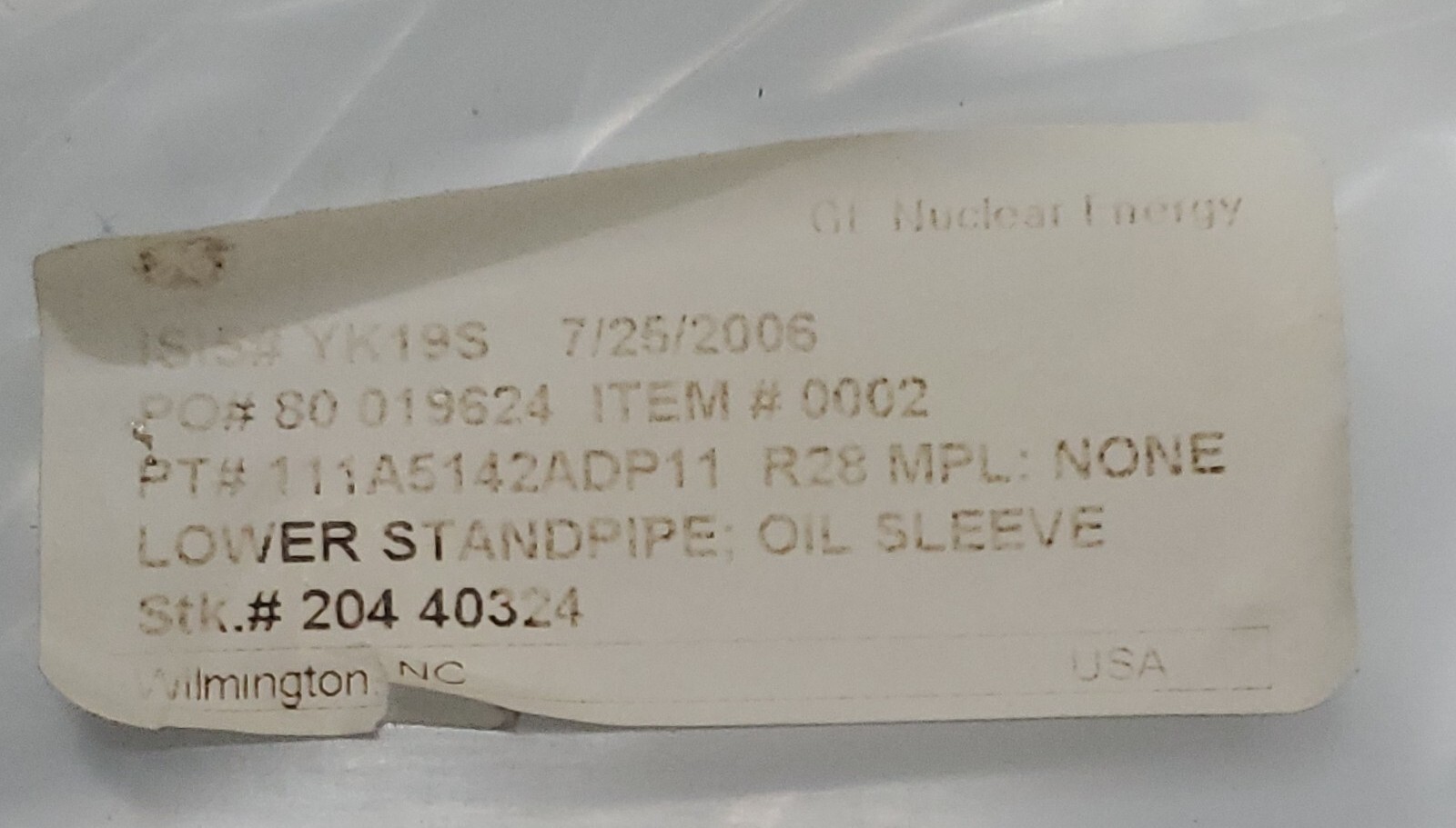 *PREOWNED* GE Nuclear YK19S Lower Standpipe Oil Sleeve 111A5142ADP11 + Warranty!