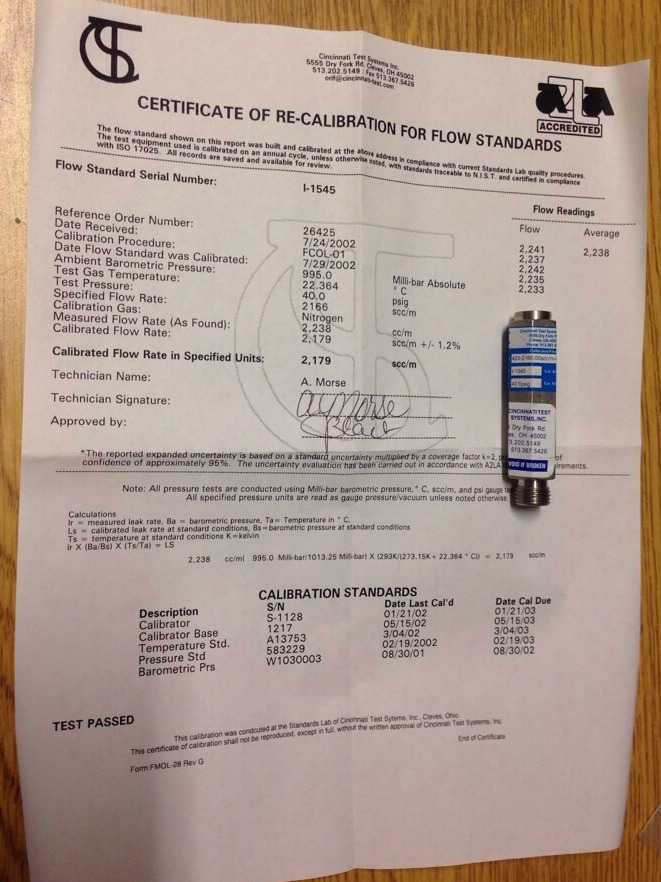 Cincinnati Test Systems 420-2166.00scc/m-40.0psig-21, EX0I1545, I-1545#1645Q3